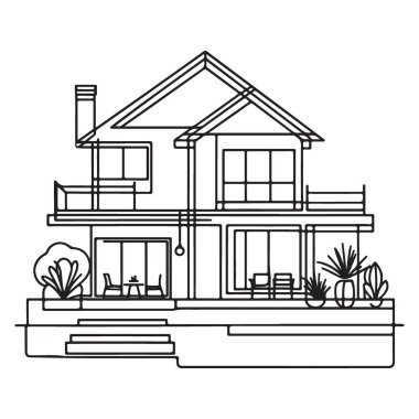 Bahçe Taslak Vektör İllüstrasyonlu Güzel Ev Silueti
