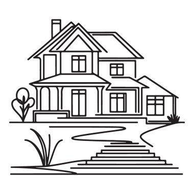 Bahçe düzenleme ve Yol Tasarımlı Klasik İki Hikaye Evi Çizimi