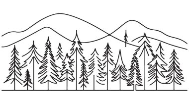Orman Silueti Çizimi Ağaçlar ve Dağlar Peyzaj Tasarımı