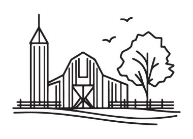 Rustic Barn Siluet Hattı Sanat Çiftliği Manzarası Çizimi