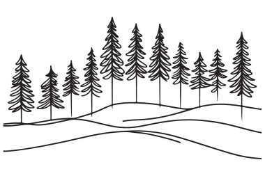 Çam Ağacı Ormanı Silüeti Doğa Sanatı için Tek Çizgi