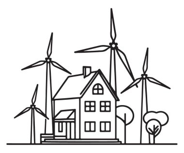 Eco Friendly House Rüzgar Türbini Çiftlik Silueti Çizim Tasarımı