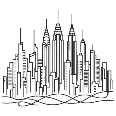 New York Şehri Skyline Silueti Minimalist Devamlı Çizgi Sanat Yazısı