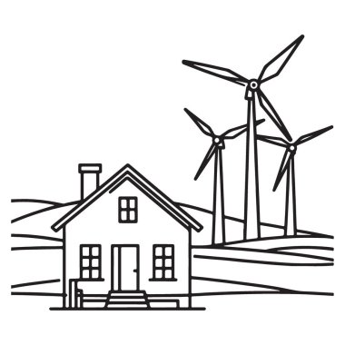 Rüzgar Türbinleri Vektör İllüstrasyonlu Çevre dostu Ev Silueti