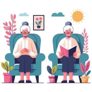 Büyükanne kitap okumaktan zevk alıyor. Koltukta oturan ev vektörü.