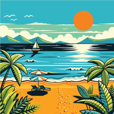 Çarpıcı Tropikal Plaj Vektörü Tatil ve Gevşeme İllüstrasyonu
