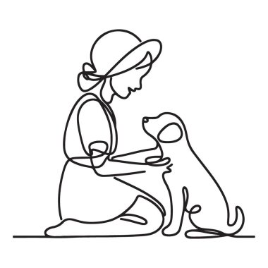 Kız Evcil Köpeği Sürekli Çizgi Sanat Sanatı ve Arkadaşlık Konsepti