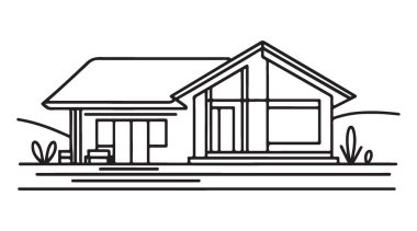 Peyzaj Detaylı Modern Ev Bir Satır Vektörü Çizimi