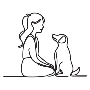 Kız ve Köpek Bir Satır Sanat Çocuk Dostluğu Siluet Vektörü