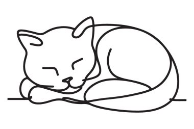 Uyuyan Kedi Silueti Bir Satır Sanat Kedicik Şekerleme Çizim Vektörü