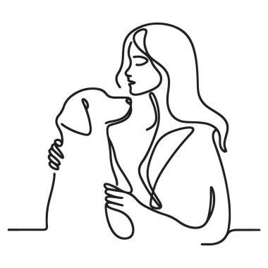 Köpeğini Saran Kadın Silueti Devamlı Çizgi Sanat Tasarımı