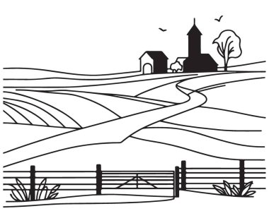 Çiftlik ve Yolla Sahne Yüzeysel Görüntü Silueti