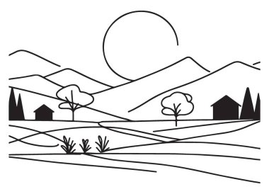 En Küçük Peyzaj Resimleri Basit Çizgi Sanat Kırsal Vektör Sahnesi
