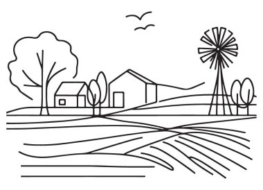 Yel değirmeni ve Fields Minimalist Çizgi Sanatı Manzarası
