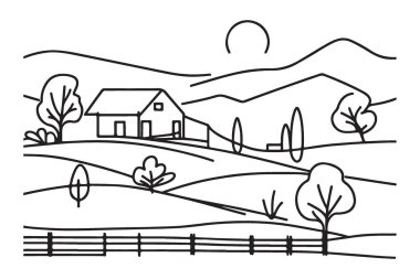 Minimalist Çizgi Sanatı Biçiminde Manzaralı Çiftlik Resimleri