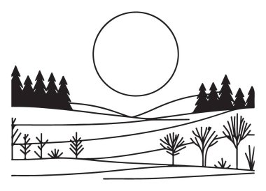 Ay 'ın Siluet Ağaçları ve Karla Kış Manzarası Çizimi