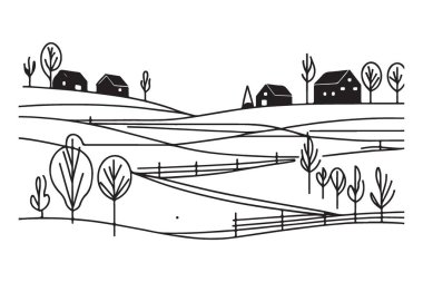 Basit Country Peyzaj Silueti Ev Ağaçları Tarlaları Çizimi