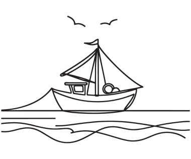 Okyanus Minimalist Çizgisi Sanatında Balıkçı Teknesi Silueti Çizimi
