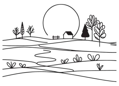 House ve River One Line Illustration Art ile Minimalist Peyzaj