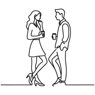 Kahve fincanlarıyla Minimalist Çift Konuşan Silüet Çizgisi Sanat