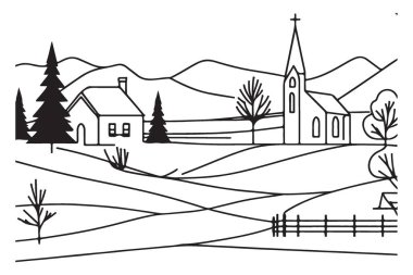 Ev ve kilise ile kırsal manzara vektör illüstrasyonu