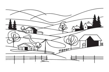 Rolling Hills köyü sahnesi. Evler vektör çizgisi çizimi.