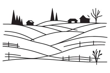 Rolling Hills ile Idyllic Farm Manzarası Siluet Vektör İllüstrasyonu