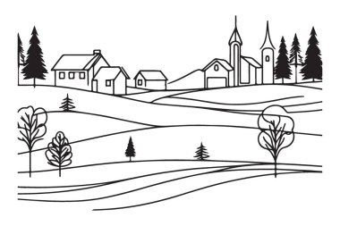 Kırsal Peyzaj Çizgisi Sanat İllüstrasyon Köyü Sahne Sakin Görünümü