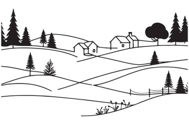 Manzaralı Peyzaj Vektörü İllüstrasyon Evleri Ağaçlar Tepeleri Doğa Sahnesi