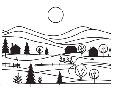 Huzurlu Peyzaj Silueti Rolling Hills ve Evleri Çizimi