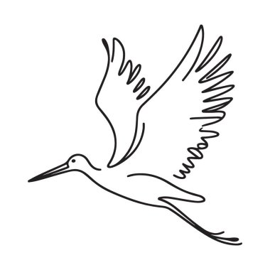 Ayrıntılı kanatlı zarif uçan vinç siluet vektör çizimi
