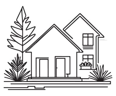 Mimari Tasarım İçin Ağaçlar ve Bitkilerle Minimalist Modern Ev Çizimi