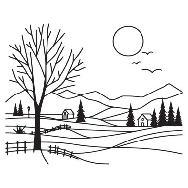 Asgari Kış Manzarası Görünümü Çıplak Ağaç, Dağ Sırası ve Güneş