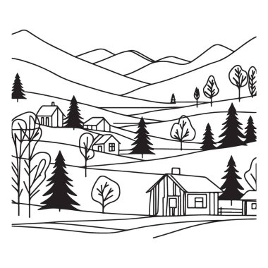 Dağ Manzarası Görüntü Vektör Sahnesi Kabinler ve Ağaçlar