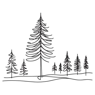 Çam Ağaçları Ormanı Minimalist Tek Hat Sanat Vektörü İllüstrasyonu