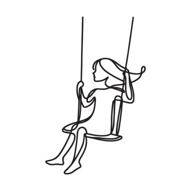 Swing Illustration Siluet 'teki Kız Neşeli Çocukluk Çizgisi Çizimi