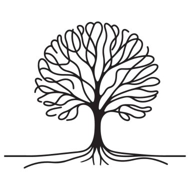 Doğa Tasarımları için Ayrıntılı Ağaç Silueti Çizgisi Sanat Vektörü İllüstrasyonu