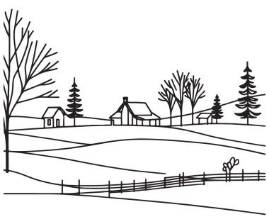 Serene Kış Manzarası Kırsal Evlerin ve Çıplak Ağaçların Resmedilmesi