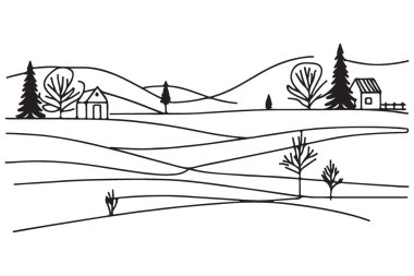 Huzurlu Peyzaj Rolling Hills ve Evleriyle Tek Çizgili Sanat