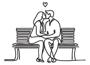 Bench 'te Öpüşen Çift Romantik Bir Siluet Çizimi
