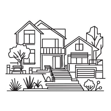 Ev Tasarımı Fikirleri Bahçesi ile Modern Ev Vektörü İllüstrasyonu