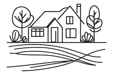 Evin peyzaj çizimi tek çizgi çizimi