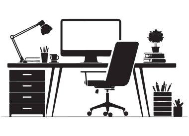 Bilgisayar ve Sabit Özellikler Vektörüyle Modern Ofis Masa Ayarları