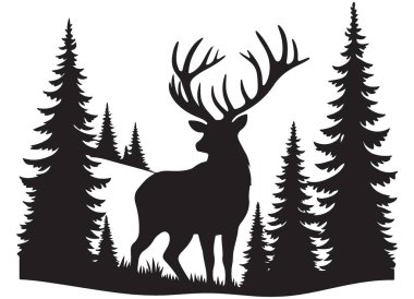 Çam Ağacı Ormanı Vektöründe Boynuzlu Muhteşem Geyik Geyiği