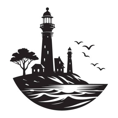 Deniz feneri silueti manzarası güzel kıyı manzarası çizimi