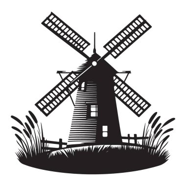 Green Field Illustration 'da geleneksel Hollanda Yel Değirmeni Silueti