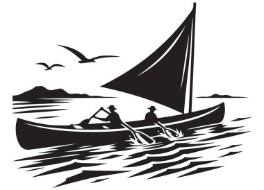 Yelkenli Resimli Siluet Teknesi Sakin Su Vektöründe Kürek Çekiyor