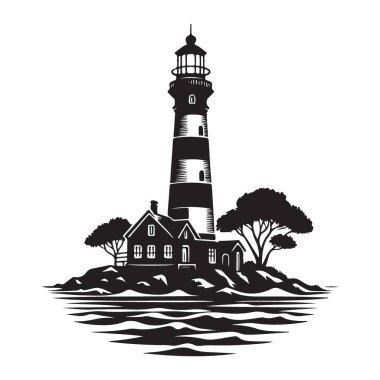 Ada Vektör İllüstrasyonu 'ndaki Siluet Deniz Feneri Dalgalar Tasarımı