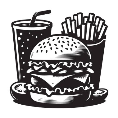 Lezzetli Fast Food Hamburger, yanında patates kızartması ve soda.