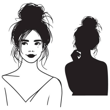 Kirli Çörek Saçlı Siluet Sanat Minimalist Vektörü Kadın